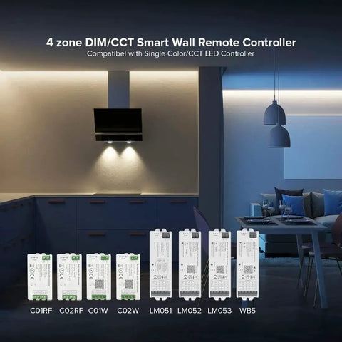 Wireless 2 4G RF 4 Zone Single Color Wall Mounted Smart Panel Remote with controllers in dimly lit room