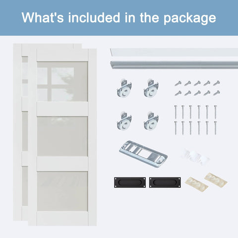 Paintable Sliding Closet Doors 48x80 Bypass Panels With Hardware Kit, 3 Lite Frosted Glass Slab, Shaker Style components