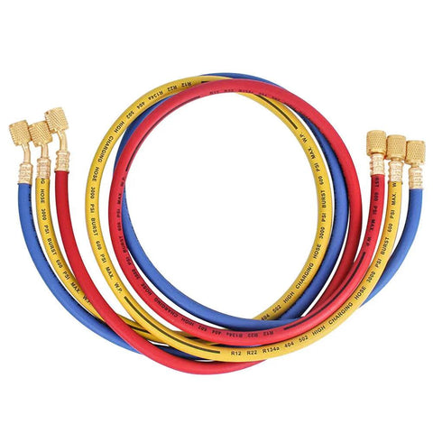 Refrigerant charging hoses set in red, yellow, blue with brass fittings, 60 in, 1/4 in threads for R12/R22/R134A car AC