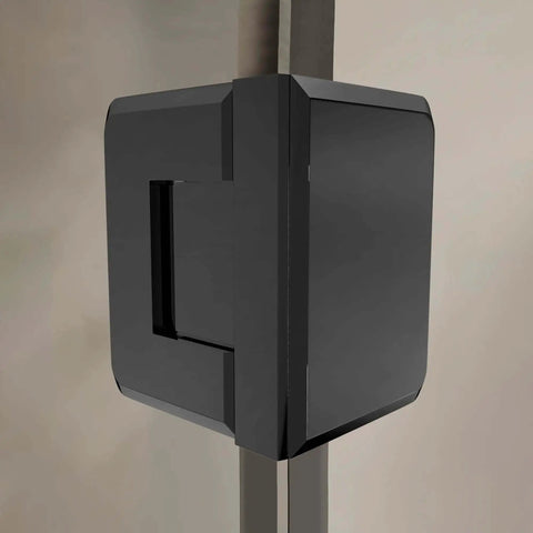 Close-up of Glass To Glass Shower Door Hinge 90 Degree Solid Forged Brass Black Nickel Finish with beveled edges.