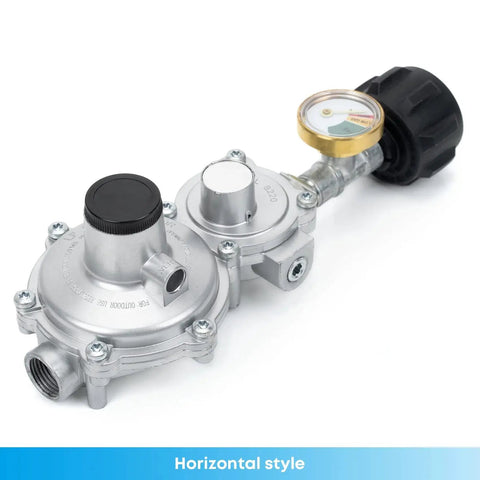 Horizontal Two Stage Propane Regulator With Gauge For Grills, RVs And Heaters, Type 1 QCC1 3/8 Inch Female NPT, Durable Metal Construction