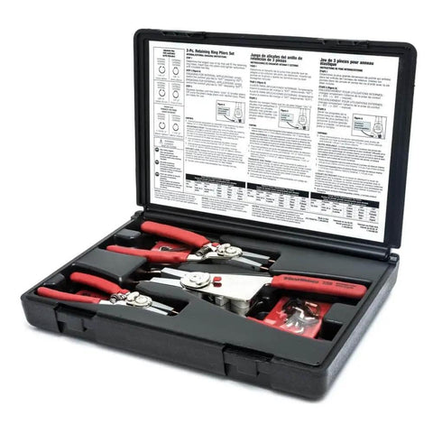 Case containing Interchangeable Tip Retaining Ring Plier Set With 3 Pliers And 3 Replacement Tips, Spring Loaded Handles For Quick Swap.