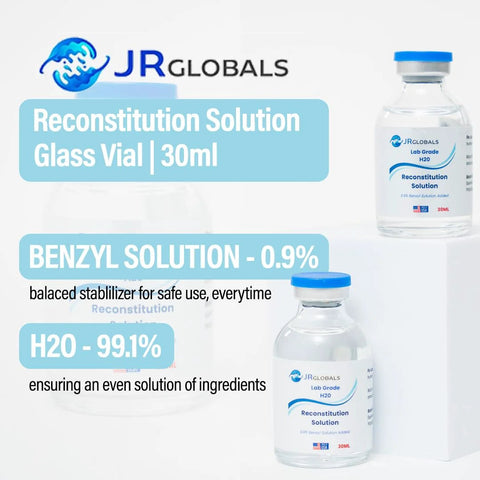 Reconstitution Solution glass vials, 2-pack of 30mL each, JRGlobals Lab Grade H2O with blue caps