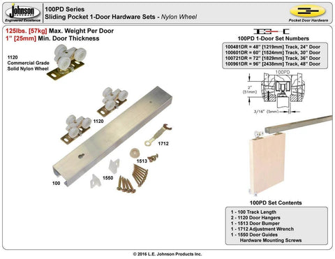 Commercial Grade Pocket Door Hardware Kit With Top Hung Nylon Wheel For Pocket And Sliding Doors, 125 Lb Capacity, kit contents and diagram