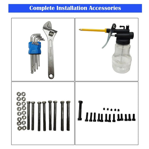Portable Line Boring Machine installation accessories including wrench, oil can, hex keys, bolts, and nuts.