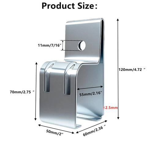 Beefy Heavy Duty Box Rail Hanger Bracket For Barn Doors in silver, showing dimensions and design details, exterior door use.