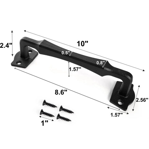 10 Inch Sliding Barn Door Handle Matte Black Cast Iron Door Pull with screws, showing dimensions