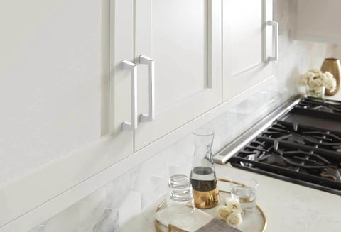 Polished Chrome Cabinet Pull for Cabinets and Furniture, 5-1/16 Inch Center-to-Center, 5-7/8 Inch Overall Length, Blackrock Collection, Transitional Drawer Handle, 1 Pack, Versatile Kitchen and Bath Hardware on white cabinet doors in kitchen