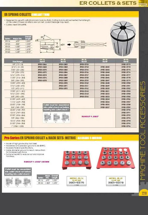 ER-25 Spring Collet 1/4 Inch for Milling and Machining, chart showing dimensions, hardened tool steel, precision ground, machine tool accessories.
