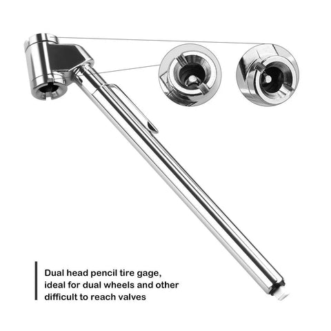 CZC Auto pencil tire pressure gauge with dual head, stainless steel stem, 10–120 PSI, silver, 2-pack