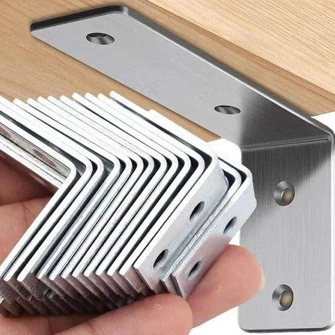 10 Pieces Iron Right Angle Corner Brackets For Furniture Cabinets Tables And Chairs Connectors Fasteners Hardware Accessories Durable 90 Degree Support For Shelves Frames And Projects shown installed and in hand for size comparison.