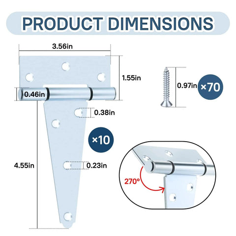 5 Inch Gate T Strap Hinges Zinc Plated Heavy Duty With Screws Pack Of 10 dimensions and screws details