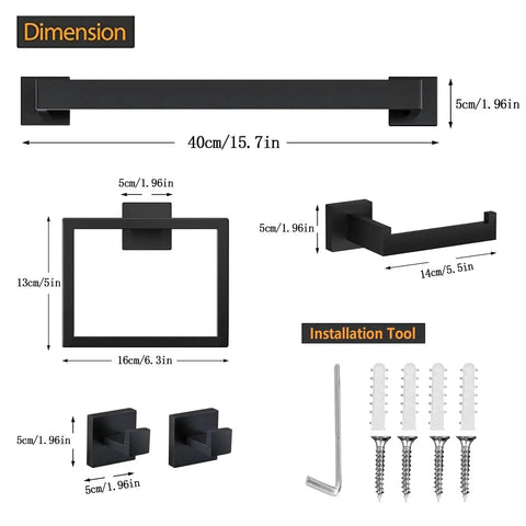 Dimensions of 5 Piece Matte Black Bathroom Hardware Set Featuring 15.7 Inch Towel Bar, Towel Ring, Toilet Paper Holder, 2 Towel Hooks