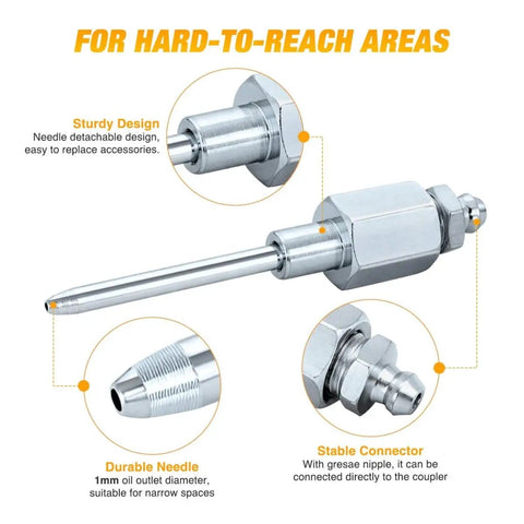 Grease Gun Tips Kit With One Eighth Inch NPT Threaded Grease Needle Tips And Five 18G Detachable Injector Needles for lubrication.