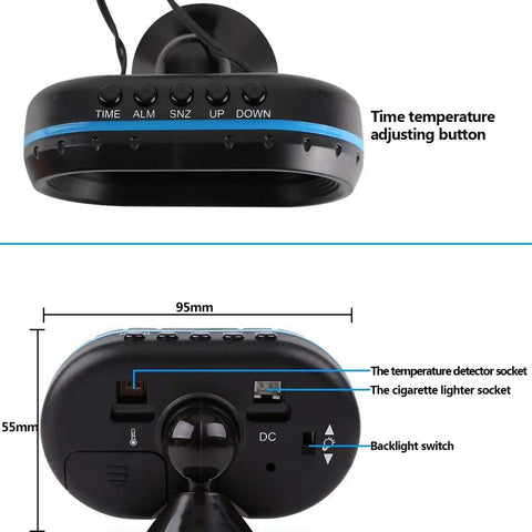 Back view of Car Digital Clock And Thermometer With LCD Display And 12-24V Voltmeter, showing buttons and sockets