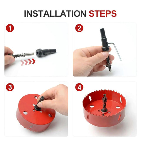 Installation steps for 4 Inch Bi Metal Hole Saw With Pilot Drill Bit M42 High Speed Steel Pro Grade Smooth Cutting Edge