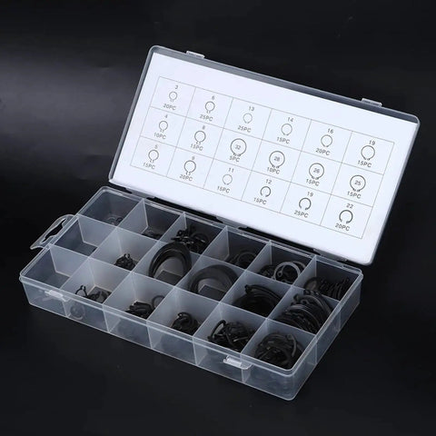 300 Piece Durable External Circlip Kit Retaining Ring Set For Bearings, Gears And Pulleys, shown in a plastic storage case.