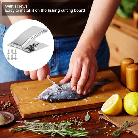 Person using a Six Piece Fish Fillet Clamps Set In Stainless Steel With Built In Spring Deep Claw Tail Grips for filleting fish.