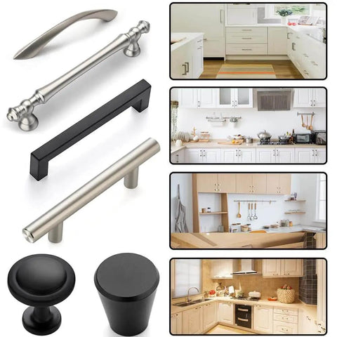 Collage of various cabinet handles and knobs alongside kitchen installations showing Cabinet Hardware Jig applications.