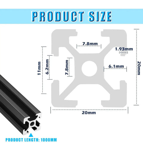 Ten Pieces Of 1000 MM 2020 Aluminum Extrusion European Standard Anodized Linear Rail dimensions diagram