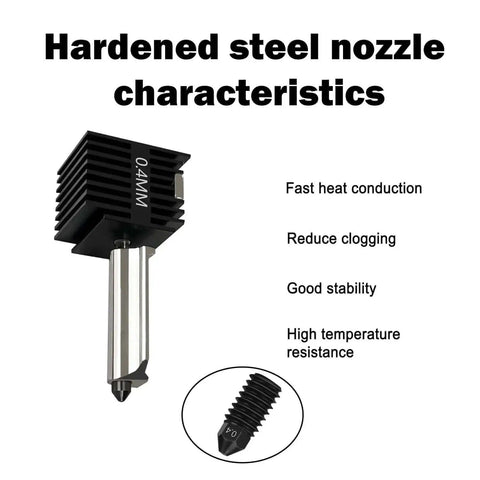 Two Pack A1 Mini Hotend Kit Upgrade For A1 3D Printer with 0.4mm hardened steel nozzle and silicone sock characteristics description.