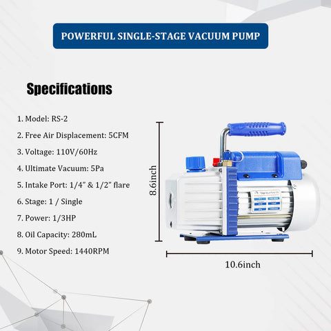 One blue and silver single-stage vacuum pump with blue handle, shown beside specs listing 5CFM, 110V/60Hz, 1/3HP.