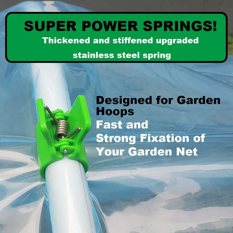 Greenhouse clamp for 1/2 inch PVC pipe; green plastic bracket with steel spring securing garden net.