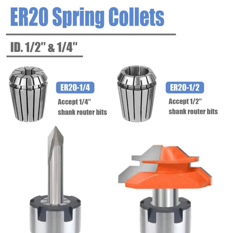Half Inch Shank ER20 Router Collet Extension Rod showing quarter inch and half inch ER20 spring collets for CNC woodworking projects