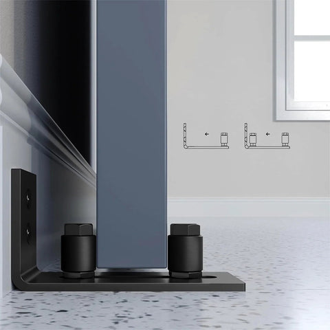 Sliding Barn Door Guide System With Bottom Pocket Track And Rollers Heavy Duty Adjustable Hardware Kit installed close-up view.