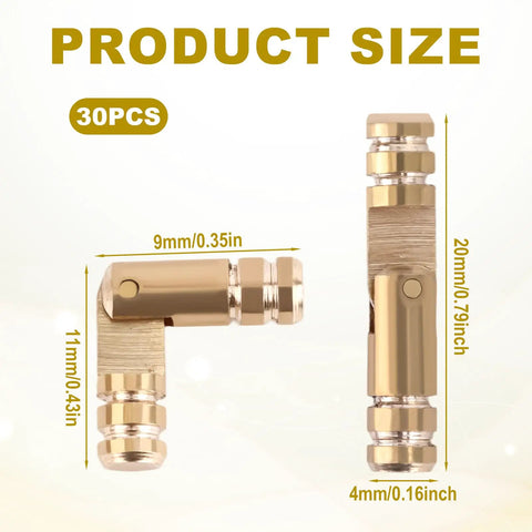Premium 30 Pcs Brass Hidden Cylinder Hinges Mini Barrel Hinges 20x4mm for Jewelry Box visible in two orientations with size measurements