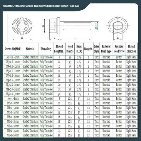 Rainbow Titanium M6x1 20mm Torx Washer Socket Cap Screws Set 10Pcs Nano Coated Multicolor Bolts specifications chart