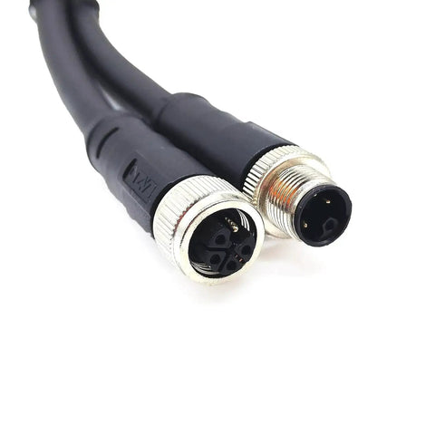 Close-up of M12 5 Pin L Code Rail Transit Power Connector Cable Male to Female 1 Meter, PVC Jacket, Waterproof IP67, 16A 60V