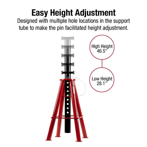10 Ton Pin Type Jack Stands High Height Pair With Four Leg Steel Base showing height adjustment feature