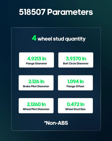 Specifications for front wheel bearing and hub assembly 4-lug no ABS OE 518507 replacement dimensions and parameters chart