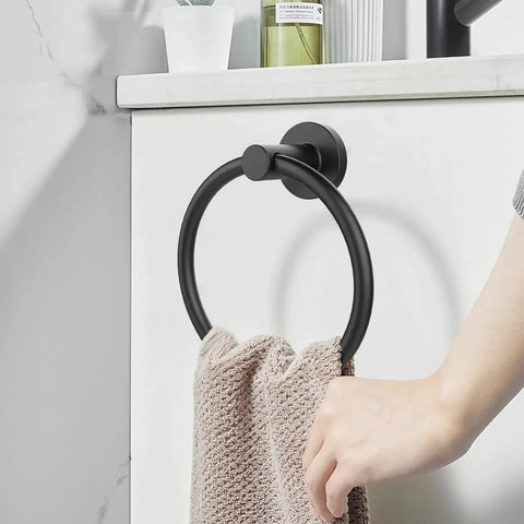 Matte Black Wall Towel Holder And Ring - Stainless Steel Heavy Duty Hand Towel Bar For Bathroom And Kitchen, installed with hand towel