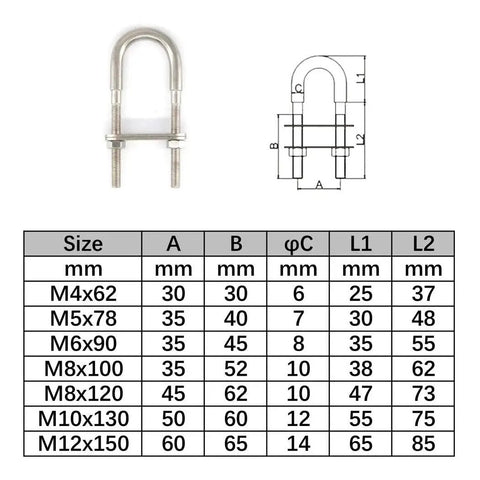 Diagram showcasing dimensions of 304 Stainless Steel U Bolt Set M5x78mm For Marine Boat Deck Hardware."}
