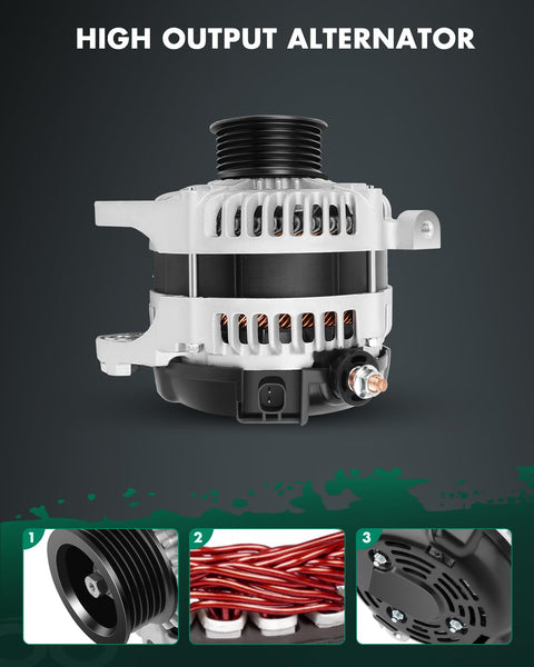 Front view of Beefed Up 160 Amp High Output Alternator Replacement For Chrysler Town And Country 3.3L V6 And 3.8L V6 2008 2009 2010