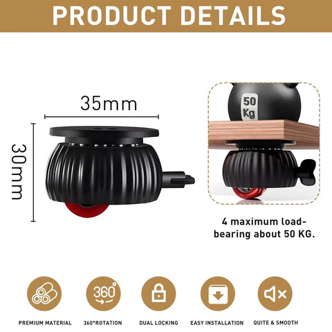Four Pack Self Adhesive Caster Wheels 1.37 Inch Diameter, 360 Degree Mobility with Stainless Steel Swivel, 50 kg Load for Hard Surfaces