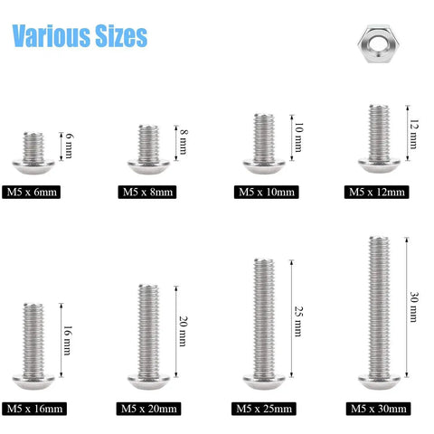 195 Piece M5 Hex Button Head Bolts And Nuts Kit In Stainless Steel 304 With 8 Lengths From 6mm To 30mm size display