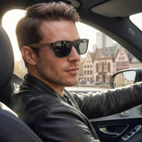 Man wearing Walnut Wood Polarized Sunnies With Matte Finish Frame And Wooden Temples For Men And Women
