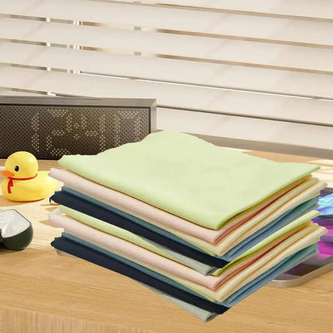 12 Pack Microfiber Cleaning Cloths For Lenses Screens Cameras Eyeglasses 6x7 stacked on table