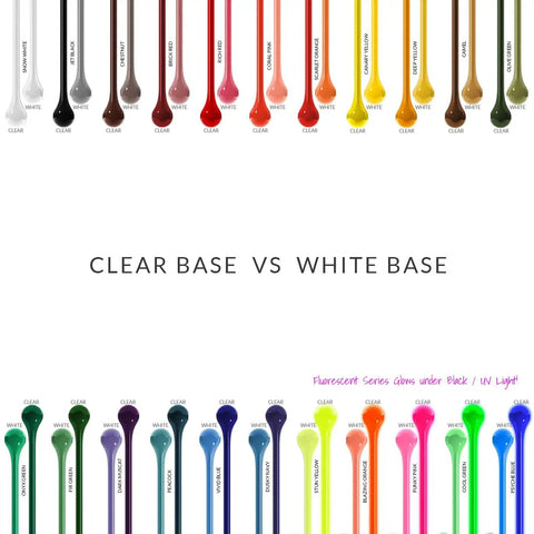 Comparison of clear and white base liquid colorants showing various colors and their effects under UV light.