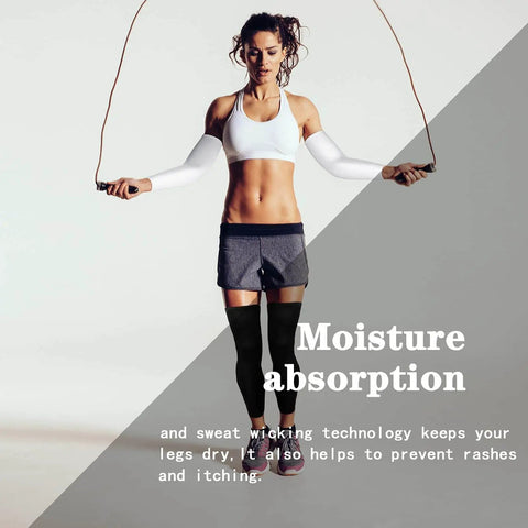 Woman skipping wearing Two Pairs Compression Full Length Leg Sleeves And Two Pairs Sunscreen Arm Sleeves Set For Men And Women Black And White X Small Sports Gear