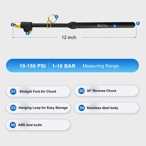 UHARBOUR dual-head tire pressure gauge with 12 inch tube, stainless steel body, measures 10-150 PSI / 1-10 BAR.