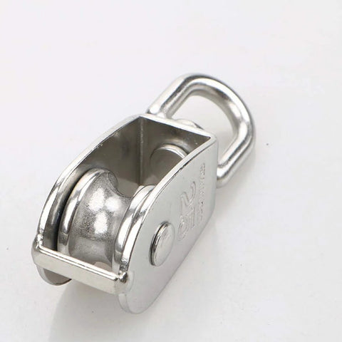 Close-up view of 4Pcs M25 Stainless Steel Wire Rope Crane Double Pulley Block with swivel hook.
