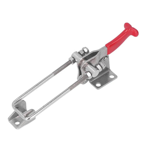 Quick Release Toggle Clamp With Adjustable Span For Vertical Clamping, stainless steel body, red handle, top view