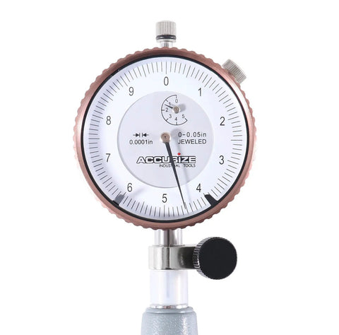 Close-up of dial gauge from Dial Bore Gauge Set With 2 To 6 Inch Range And 6 Inch Stem 0.0001 Inch Graduation Accurate To Plus Or Minus 0.0004 Inch Includes Extension Holder And Case Chrome Plated Handle Insulated Self Centering.