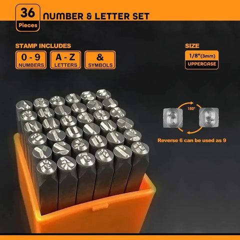 36 Piece Steel Metal Stamping Tool Set With Number And Letter Punches One Eighth Inch Three Millimeter Alloy Steel HRC 58 62 Jewelry Craft Stamping Kit For Metal And Leather Projects displayed in orange holder