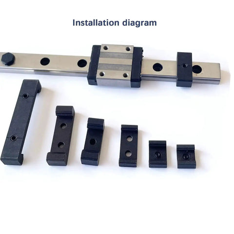 Two Pack Positioning Block Stopper For MGN12 Linear Rail Includes 1 M2 Hex Wrench Locks Stops And Prevents Slippage Of C Or H Type Bearing Carriage On Miniature Linear Sliding Guide Rail Easy Install And Secure Fit installation diagram with rail and stoppers