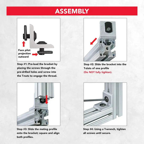 Assembly of Two Hole Inside Corner Bracket for T Slot Aluminum Extrusion, 90 Degree Angle Connector for 15 Series, showing installation steps.